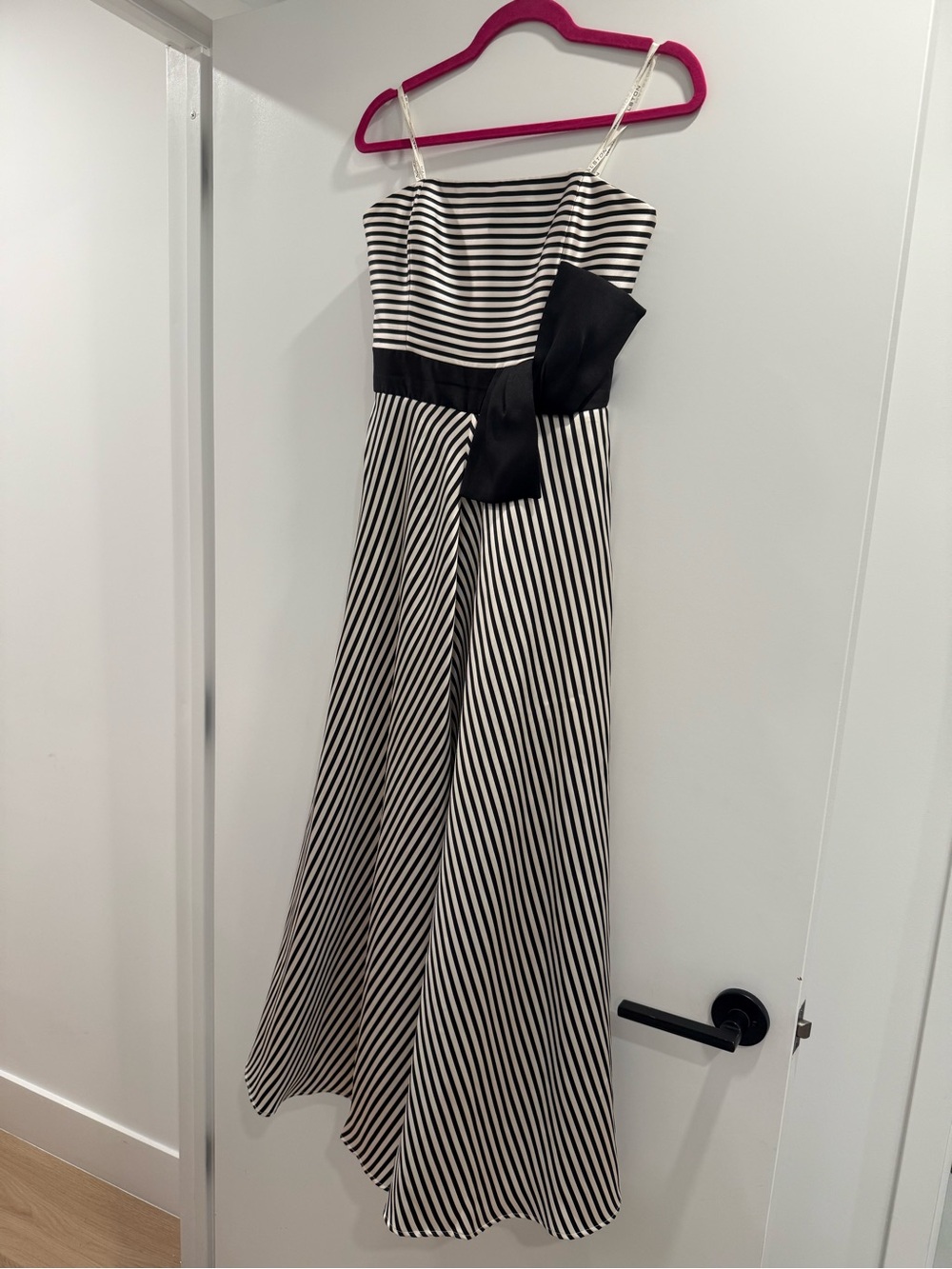 Halston heritage Striped Black & White Spaghetti Strap Maxi Dress with Waist Bow
